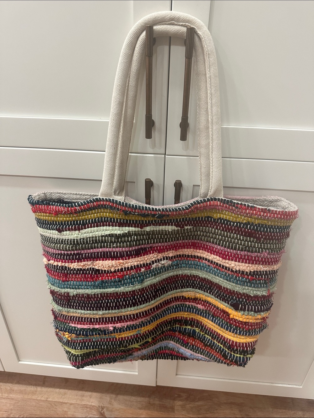Striped Multicolor Woven Tote Bag with Cream Handles